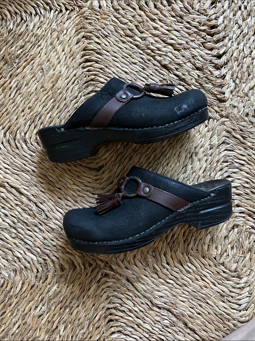 Dansko Black Clogs with Brown Leather Tassel Strap